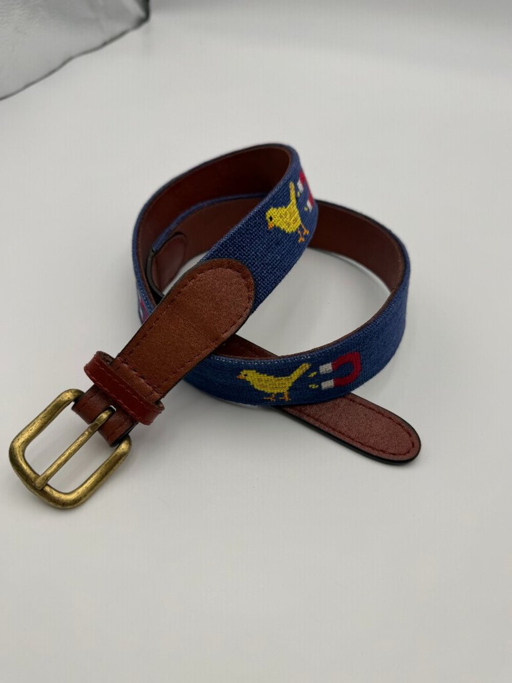 Hand Needlepoint Duck & Magnet Belt solid brass